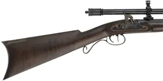 Hawken Squirrel Rifle,
.36 caliber 35" Rice barrel,
percussion, curly maple, iron trim,
6x Malcolm scope, used, by Brant Selb